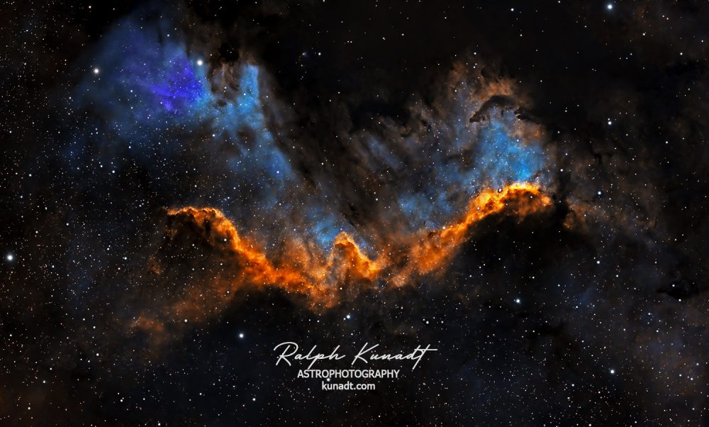 The Cygnus Wall, a part of NGC7000, in Hubble colours