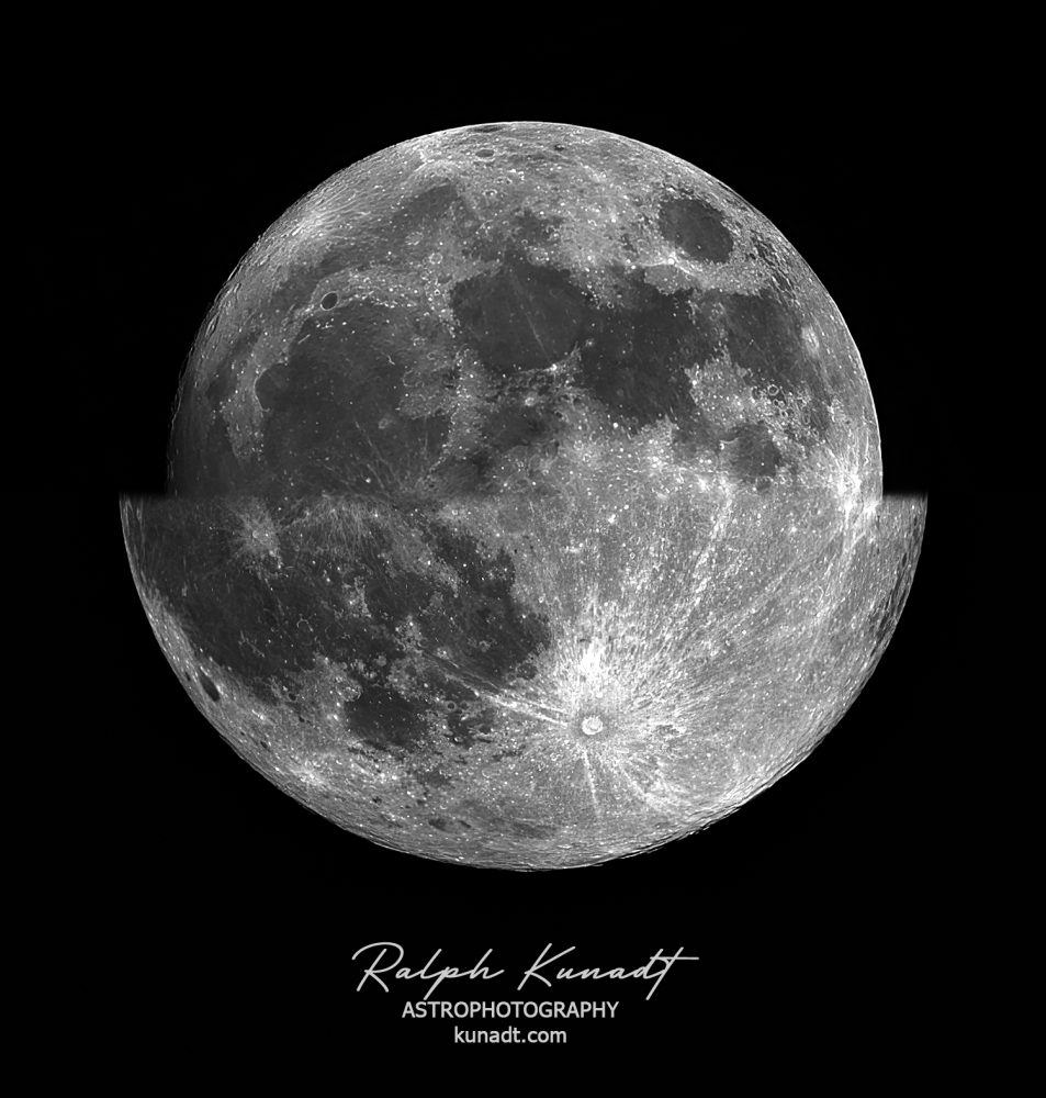 Visual size comparison between a Supermoon (lower half) and a Micromoon (upper half).